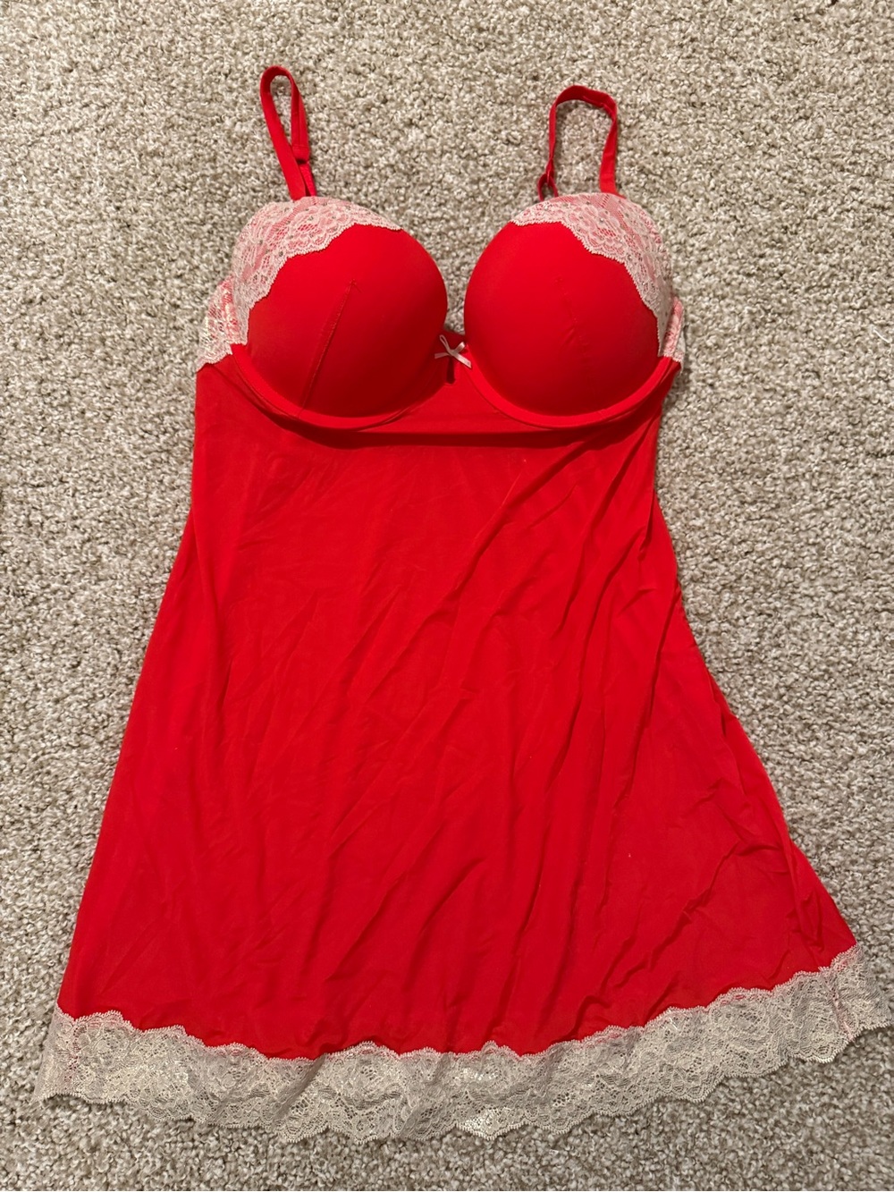 Vintage style Victoria's Secret Red Chemise with Cream Lace Trim